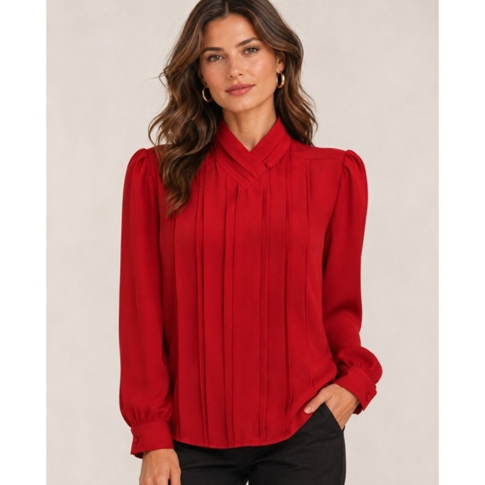 Womens Vintage Red Pintuck Pleated High Neck Long Sleeve Secretary Blouse